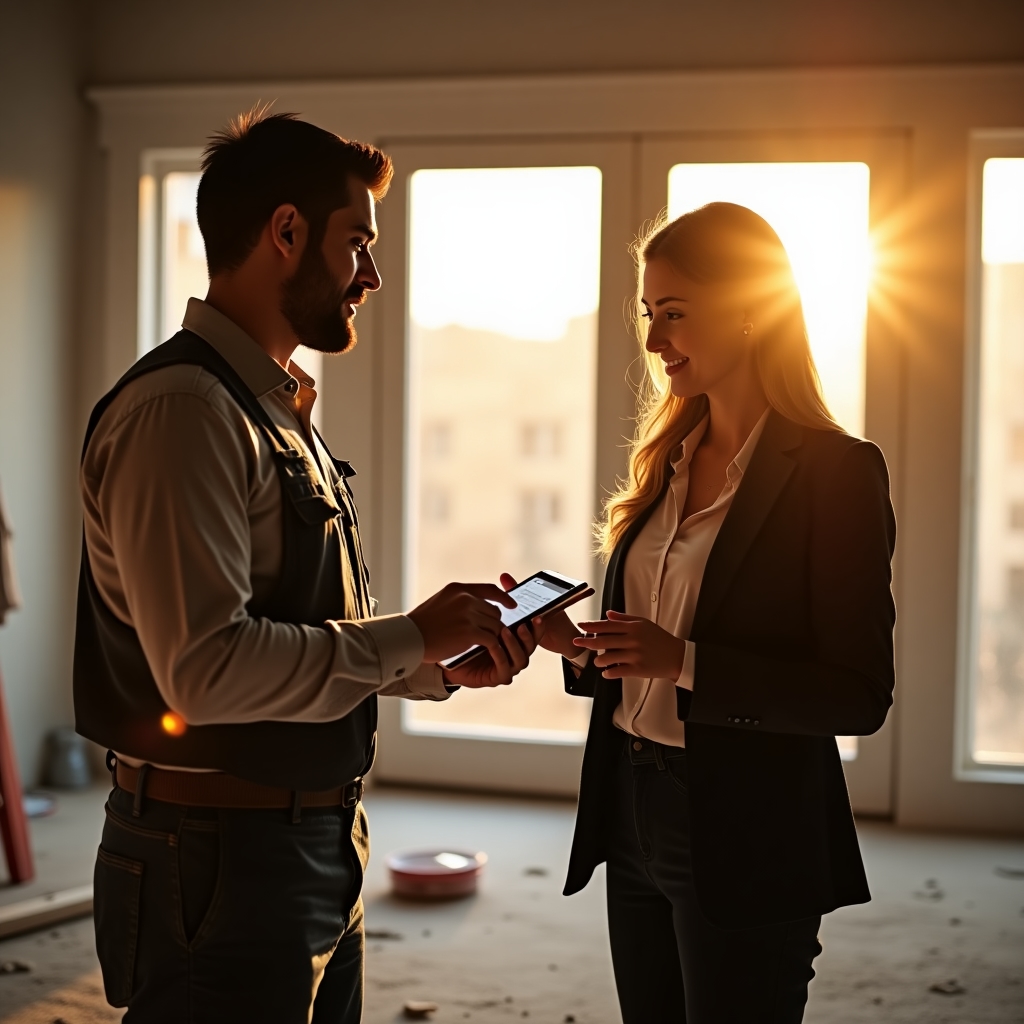 A contractor showing a client how to redeem a gift voucher for renovation services