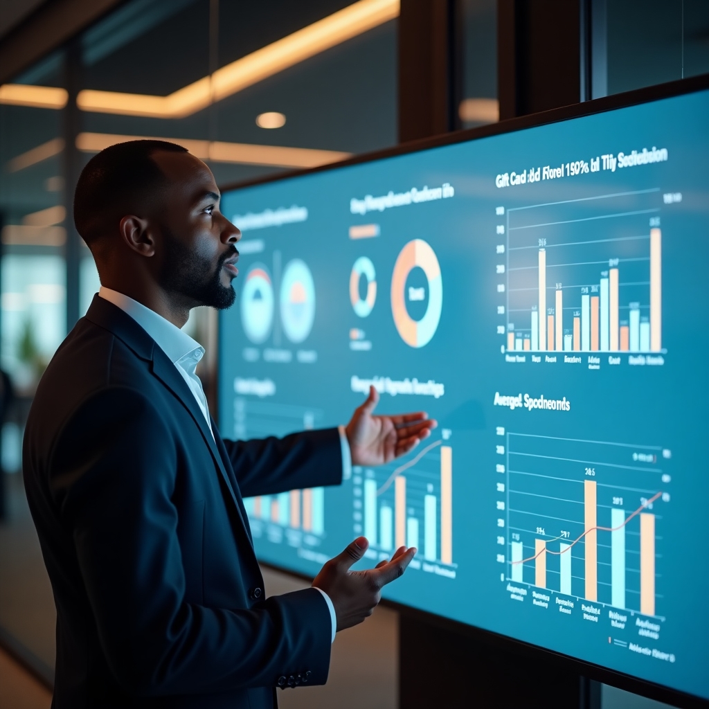 An analyst presenting gift card value analytics on a large transparent display