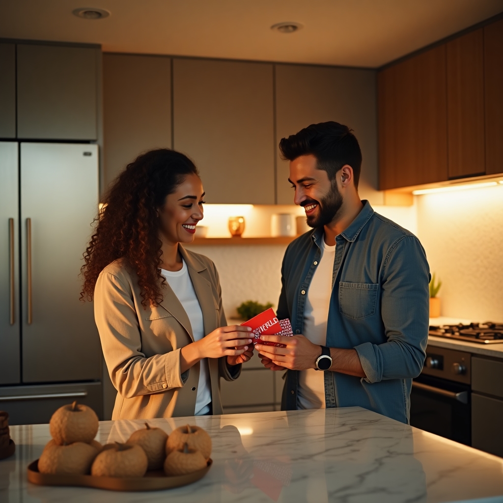 A couple examining a home improvement gift card while planning their kitchen renovation