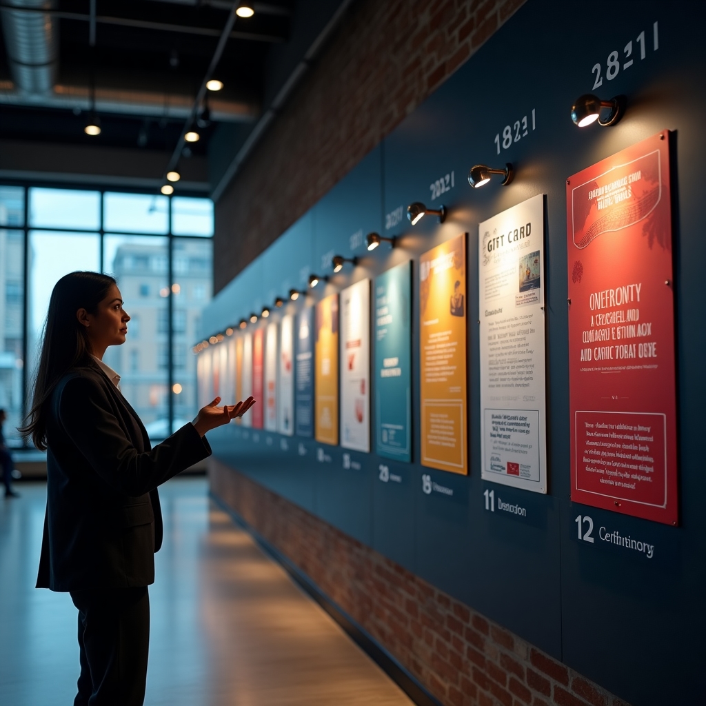A visual timeline display showing the evolution of home improvement gift cards from paper certificates to digital solutions