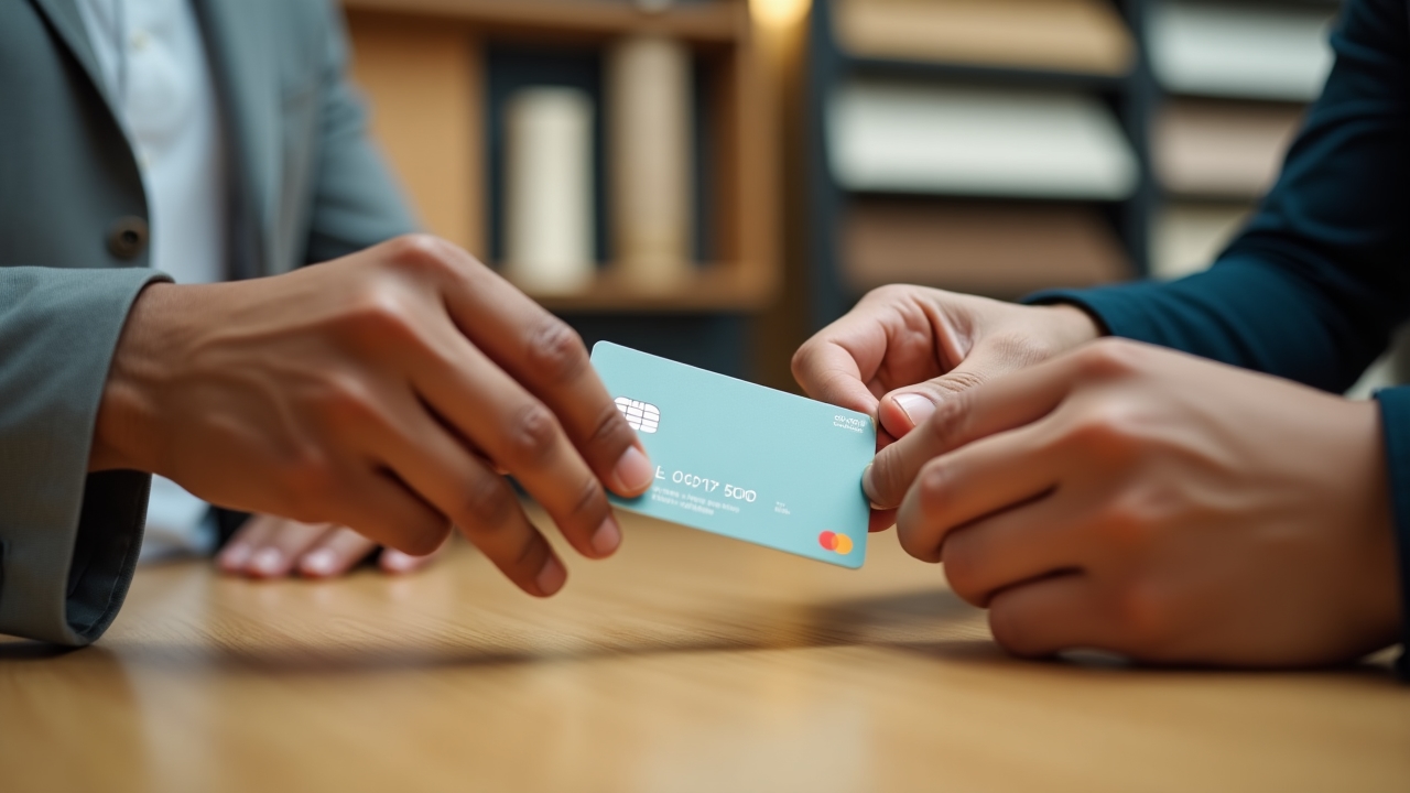 Hands exchanging a reloadable home improvement card across a premium wooden counter