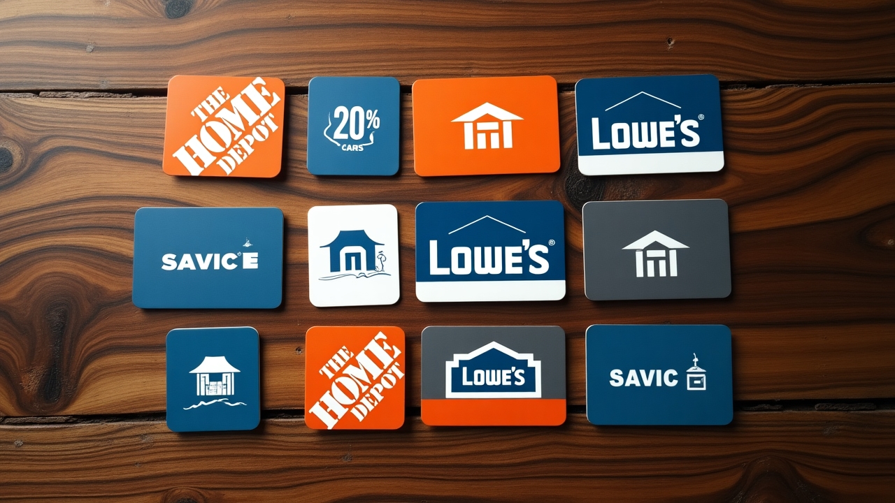 Various home improvement gift cards displayed on a wooden surface